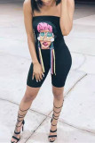 Red Sexy Casual Print Backless Strapless Skinny Romper