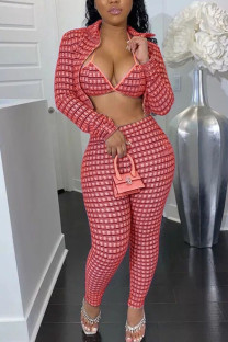 Red Polyester OL Print Plaid Three-Piece Suits pencil Long Sleeve