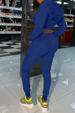 Royal blue Casual Street Sportswear Spandex Blends Rhinestone Solid Pocket Hooded Collar Long Sleeve Regular Sleeve Regular Two Pieces
