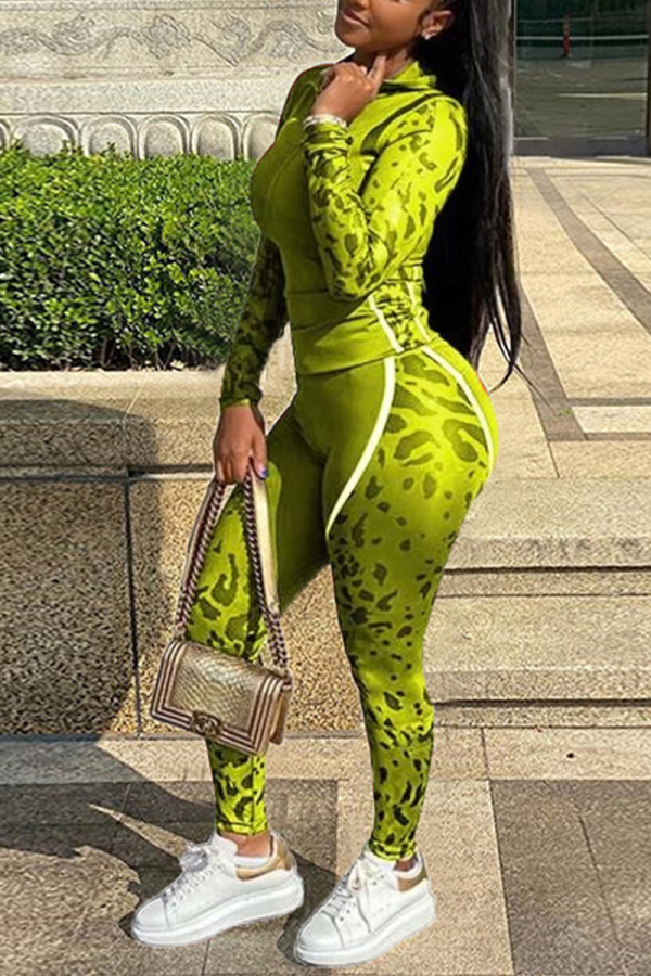 Fluorescent Green Casual Print Patchwork Hooded Collar Long Sleeve Two Pieces