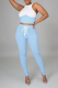Blue Sexy Color Block Patchwork O Neck Sleeveless Two Pieces