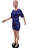 Royal blue Fashion Casual adult Ma'am Patchwork Print Zippered Two Piece Suits pencil Short Sleeve Two Pieces