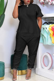 Blue Fashion Casual Solid Basic O Neck Short Sleeve Two Pieces