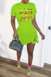 Fluorescent Color Fashion Casual Plus Size Letter Print Basic O Neck Short Sleeve Dress