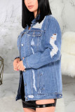 Dark Blue Fashion Sexy Adult Solid Ripped Turndown Collar Long Sleeve Loose Denim