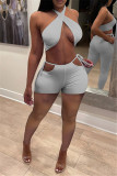 Grey Fashion Sexy Solid Hollowed Out Backless Halter Sleeveless Two Pieces