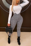 White Casual Plaid Leopard Split Joint O Neck Long Sleeve Two Pieces