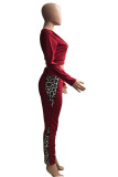 Wine Red Casual Print Split Joint O Neck Three Quarter Two Pieces