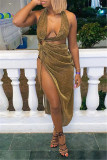 Blue Fashion Sexy Solid Hollowed Out Backless Slit Halter Sleeveless Dress