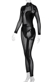 Black Sexy Patchwork Mesh Half A Turtleneck Skinny Jumpsuits