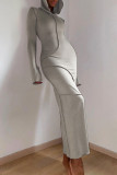 Grey Fashion Casual Solid Basic Hooded Collar Long Sleeve Dresses