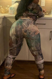 Grey Sexy Print Patchwork Turtleneck Long Sleeve Two Pieces