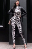Black Polyester Sexy Two Piece Suits Patchwork Striped pencil Long Sleeve Two-piece Pants Set