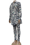 White British Style Print Turndown Collar Long Sleeve Two Pieces