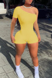 Yellow Sexy Casual Solid Backless Oblique Collar Skinny Romper