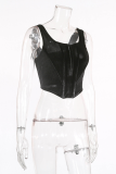 Black Sexy Solid Patchwork Square Collar Tops