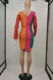 Deep Blue Fashion Sexy Patchwork Hollowed Out Strap Design Asymmetrical O Neck Long Sleeve Dress