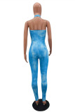 Light Blue Sexy Print Backless Strap Design Halter Skinny Jumpsuits