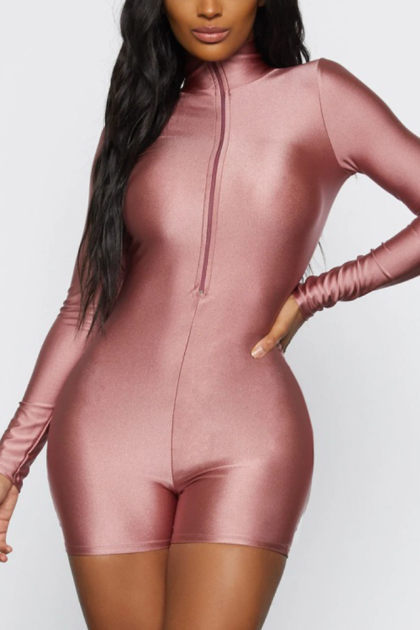 Pink Sexy Solid Patchwork Zipper Collar Skinny Rompers