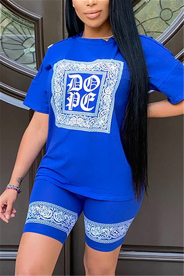 Blue Fashion Casual Short Sleeve O Neck Regular Sleeve Regular Print Two Pieces