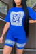 Blue Fashion Casual Short Sleeve O Neck Regular Sleeve Regular Print Two Pieces