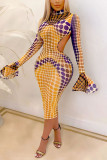 Yellow Sexy Print O Neck Wrapped Skirt Dresses