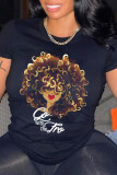 Black Fashion Casual Print Basic O Neck T-Shirts