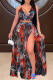 Red Fashion Sexy Print Backless Slit V Neck Sleeveless Two Pieces