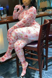 Pink Fashion Casual Print Basic O Neck Regular Jumpsuits