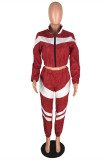 Wine Red Casual Sportswear Patchwork Basic Zipper Collar Long Sleeve Two Pieces