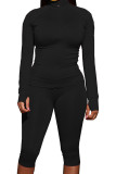 Black Polyester Fashion Active adult Ma'am Solid Two Piece Suits pencil Long Sleeve Two Pieces