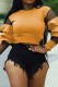 Yellow Fashion Casual Solid Patchwork Flounce O Neck Tops