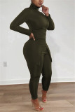 Army Green Fashion Casual Solid Slit Turtleneck Long Sleeve Two Pieces