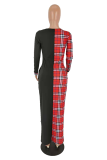 Red Casual Plaid Patchwork O Neck Straight Dresses