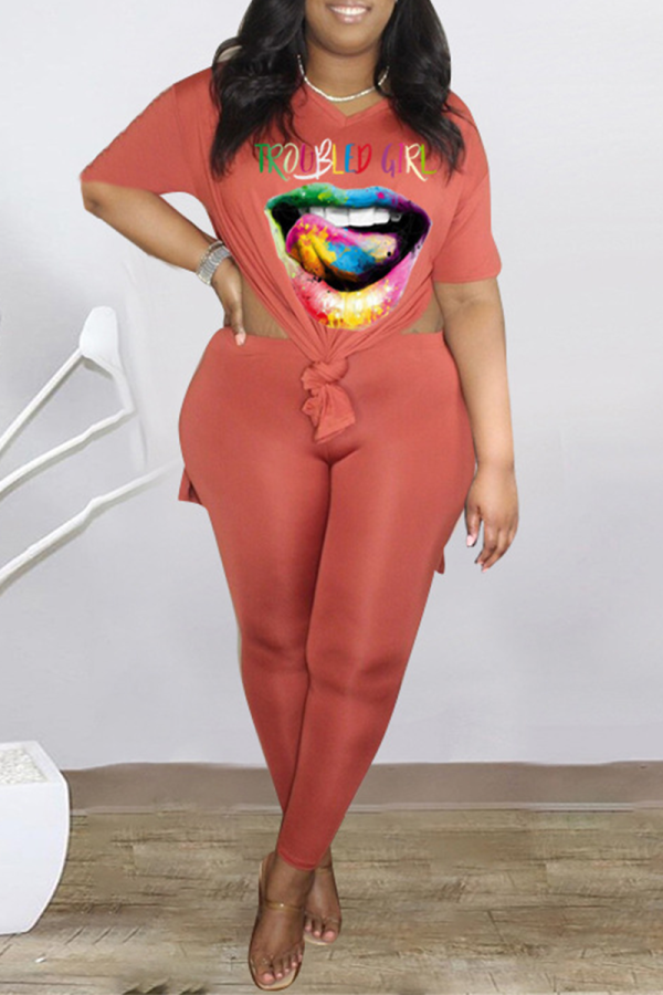 Tangerine Red Casual Print Slit O Neck Short Sleeve Two Pieces