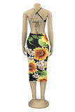 Black Sexy Print Frenulum Halter Pencil Skirt Dresses
