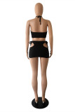 Black Sexy Solid Hollowed Out Backless Strap Design Halter Sleeveless Two Pieces