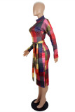Colour Fashion Casual Plaid Print With Belt Half A Turtleneck Long Sleeve Dresses