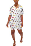 White Fashion Sexy adult Ma'am Patchwork Print Two Piece Suits Straight Short Sleeve Two Pieces