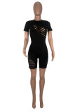 Brown Fashion Sexy Solid Hollowed Out O Neck Short Sleeve Skinny Romper