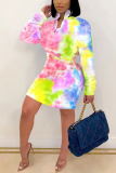 Multicolor Casual Patchwork Tie-dye Turndown Collar A Line Dresses
