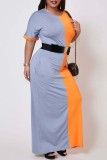 Orange Polyester Fashion Casual adult Ma'am O Neck Patchwork Solid Stitching Plus Size