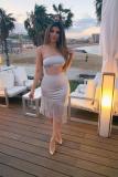 Grey Polyester Fashion Solid tassel backless Two Piece Suits crop top Skinny Sleeveless Two-Piece Dress