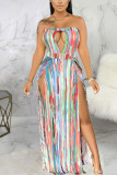 rose red Polyester Fashion Sexy adult Ma'am Off The Shoulder Sleeveless Wrapped chest Swagger Floor-Length Print Dresses