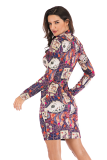 Red Fashion Sexy Cap Sleeve Long Sleeves O neck Step Skirt Knee-Length Patchwork Print