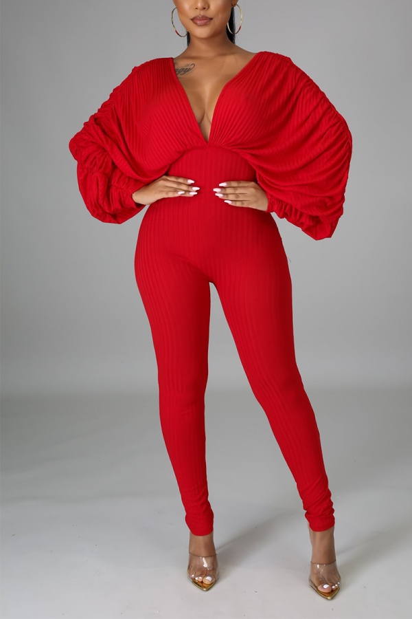 Red Casual Solid Patchwork V Neck Skinny Jumpsuits