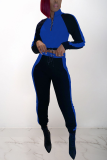 Blue Casual Solid Patchwork Zipper Collar Long Sleeve Two Pieces