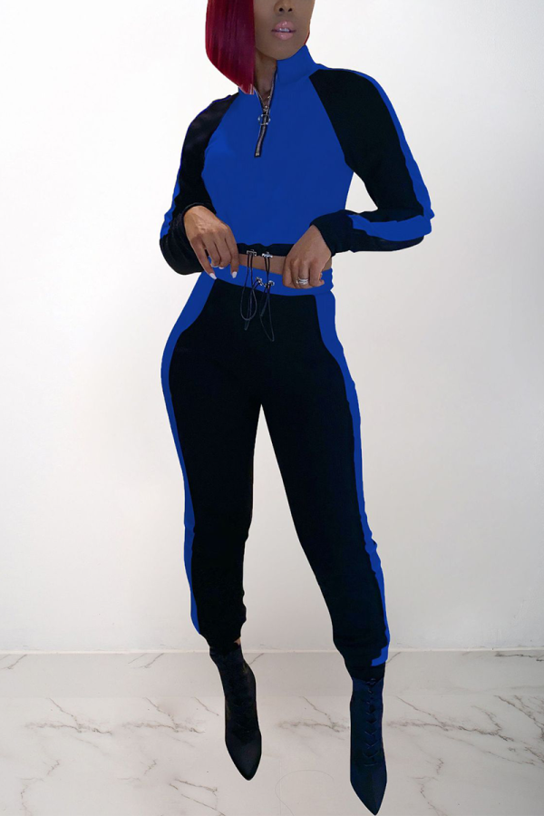 Blue Casual Solid Patchwork Zipper Collar Long Sleeve Two Pieces