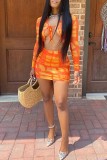 Red Fashion Sexy Print Tie-dye Strap Design V Neck Long Sleeve Two Pieces