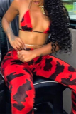 Red Sexy Animal Print Patchwork Spaghetti Strap Sleeveless Two Pieces